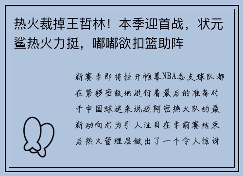 热火裁掉王哲林！本季迎首战，状元鲨热火力挺，嘟嘟欲扣篮助阵